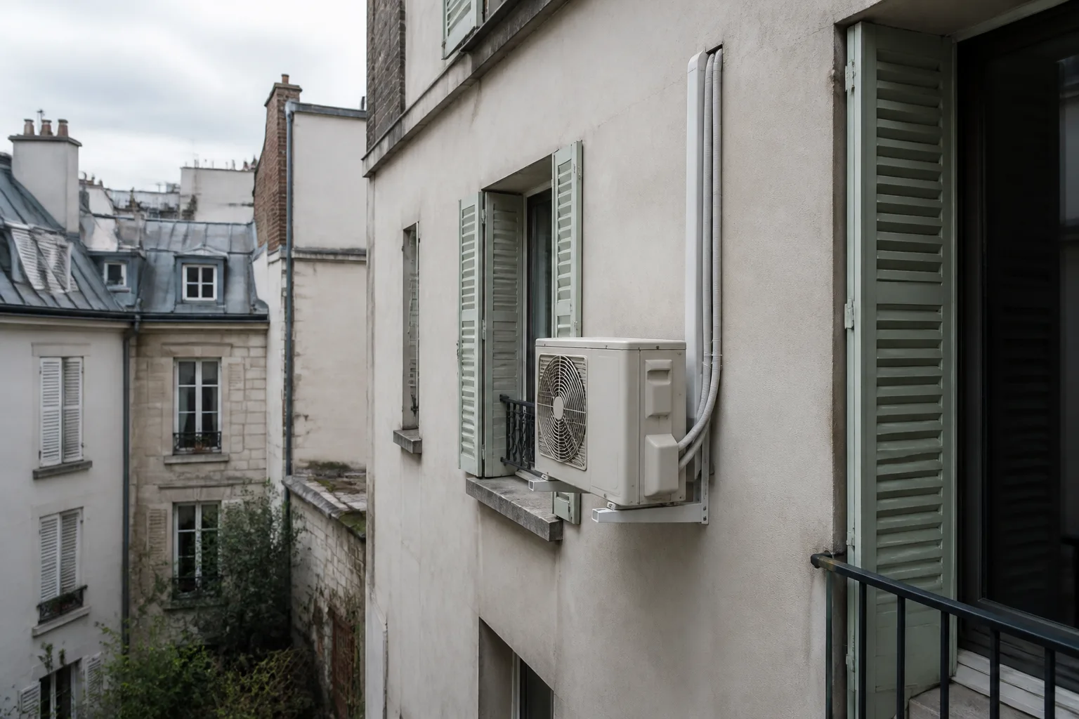 Unité extérieure visible dans une cour de copropriété