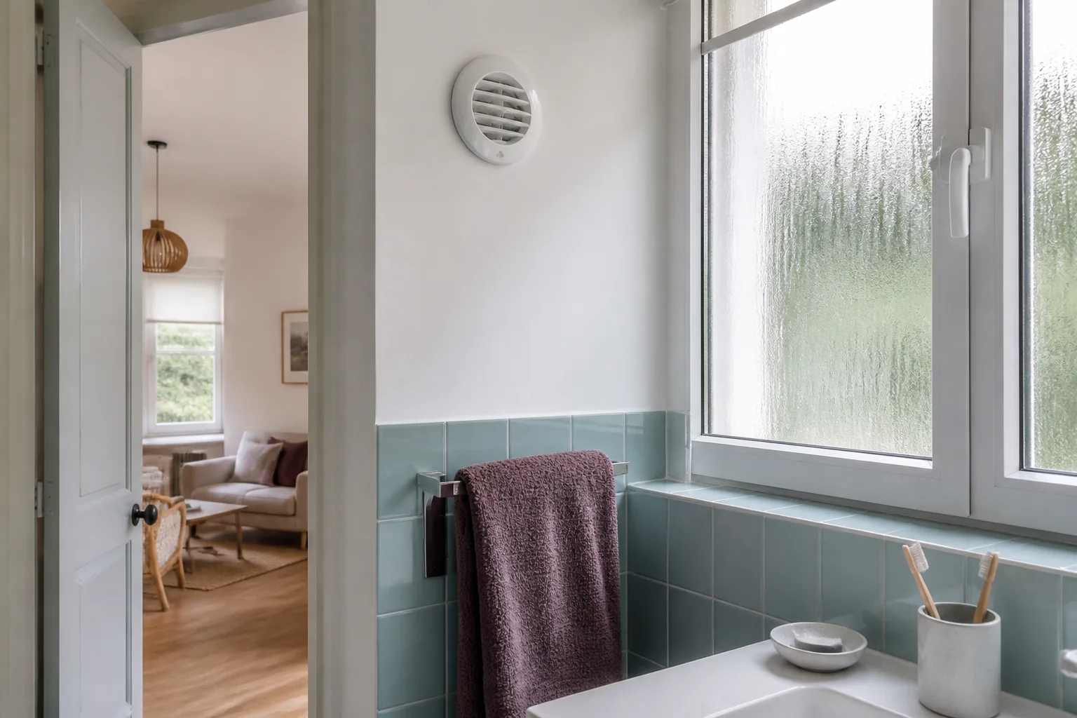 Salle de bain avec grille de ventilation, fenêtre humide et serviette